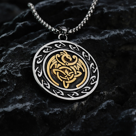 Vintage Two Tone 304 Stainless Steel Viking Duo Dragon Coin Pendant Necklaces for Men WGF65AB-02-1
