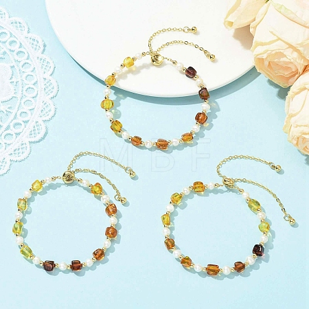 Adjustable Natural Cultured Freshwater Pearl & Amber Beads Slider Bracelets for Women BJEW-JB13608-1