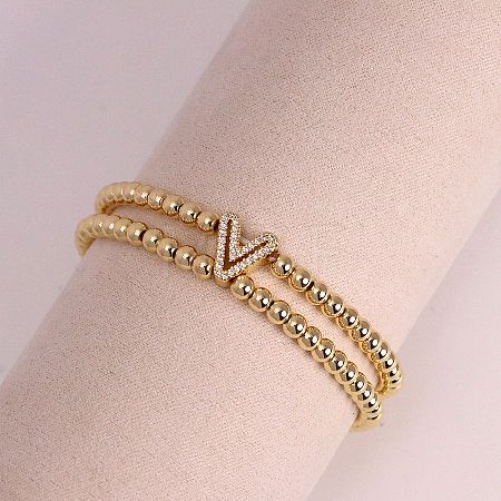 Brass Micro Pave Clear Cubic Zirconia Beads Double Strands Stretch Bracelets for Women FS-WGC7159-22-1