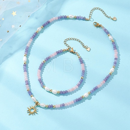 Dyed Natural Malaysia Jade & Natural Cultured Freshwater Pearl Bead Bracelets & Necklaces Sets SJEW-JS01373-01-1