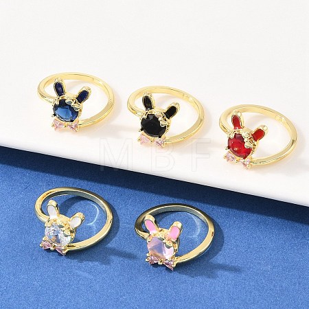 Bunny & Bowknot Brass Micro Pave Cubic Zirconia Cuff Rings for Women RJEW-A088-10G-1