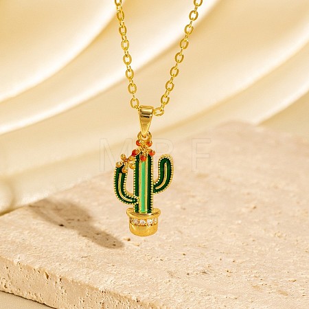 Cinco de Mayo Brass Pave Cubic Zirconia Enamel Green Cactus Pendant Necklaces for Women WG6DDE4-05-1
