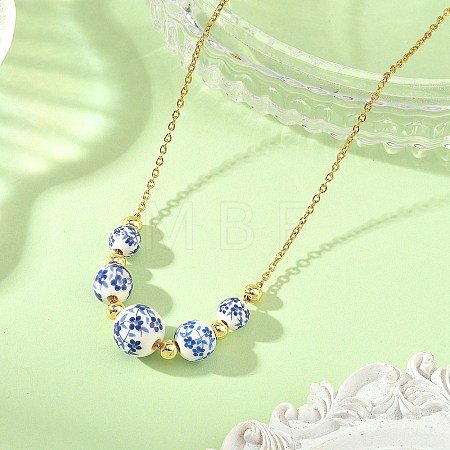 Floral Printed Round Handmade Porcelain Graduated Beaded Necklaces NJEW-JN06439-1