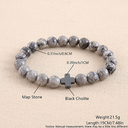 Natural Map Stone Round Beaded Stretch Bracelets for Men Women OI3299-8-1
