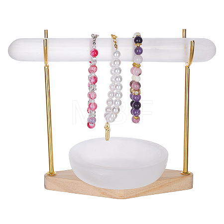 1 Set Iron Display Stands with Rhombus Wooden Base for Natural Selenite Bar ODIS-MA0001-04A-1
