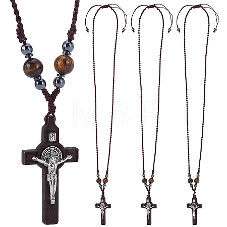4Pcs Natural Tiger Eye Round Bead & Synthetic Hematite Bead & Wood Cross Pendant Necklaces NJEW-HY00003-1