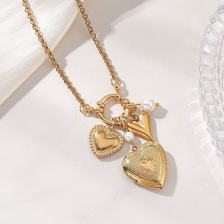 Heart Stainless Steel Locket Pendant Necklaces with Shell Pearl for Women NJEW-JN05954-1