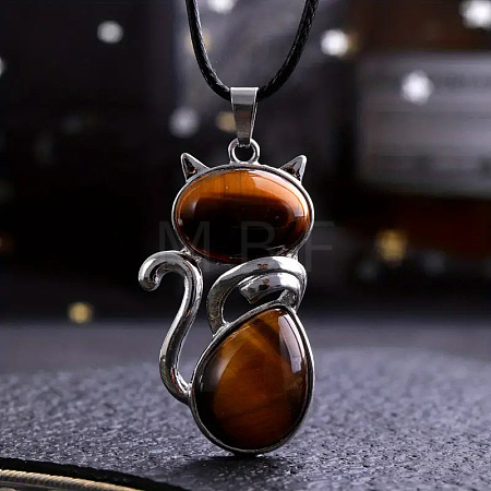 Alloy Pave Natural Tiger Eye Cat Shaped Pendant Necklaces FS-WG6CBFA-06-1