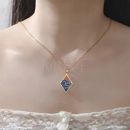 304 Stainless Steel Enamel Blue Sea Wave with Sun Pendant Necklaces for Women WGB8498-04-1