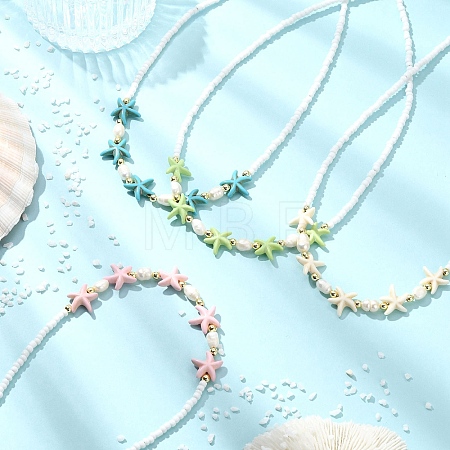 Ocean Sea Animals Synthetic Turquoise & Natural Cultured Freshwater Pearl & Glass Seed Beaded Necklaces for Women NJEW-JN06127-01-1