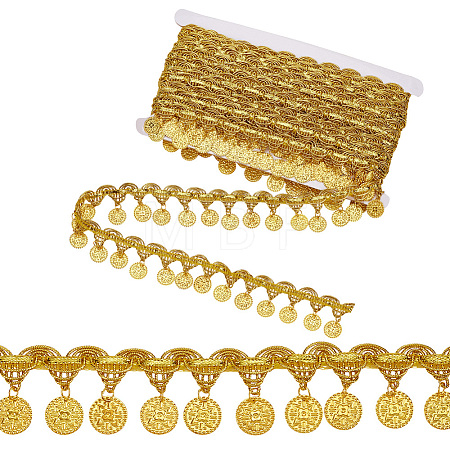 Polyester Braided Metallic Lace Trim with Metal Flat Round Tassel OCOR-WH0082-537A-1