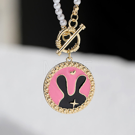 Easter Alloy Enamel Flat Round with Rabbit Pendant White Round Imitation Pearl Beaded OT Necklaces FS-WG9ECA9-01-1