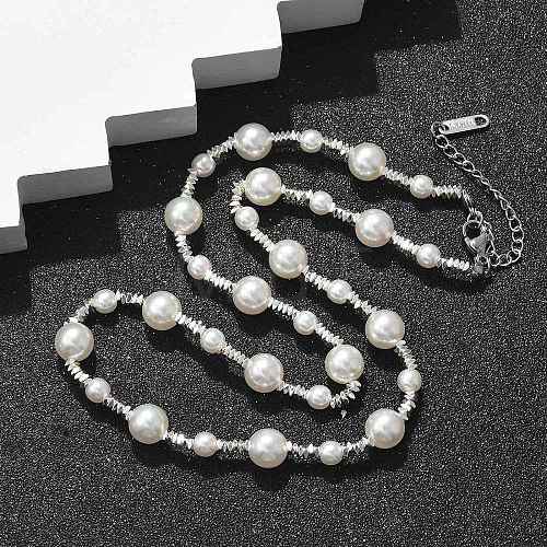 304 Stainless Steel & ABS Plastic Imitation Pearl Round Beded Necklaces for Women NJEW-S442-11P-1