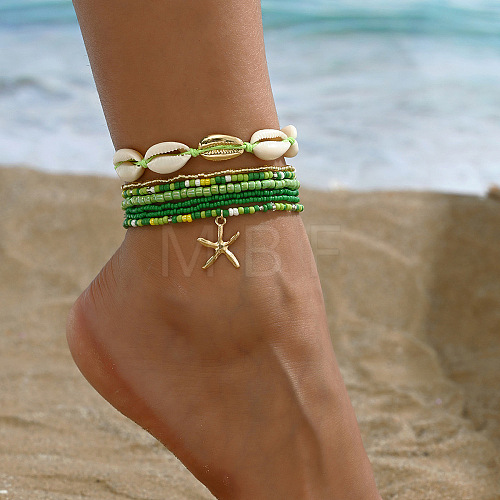 7Pcs 7 Styles Summer Beach Glass Seed Beaded & Natural Shell & Alloy Starfish Charm Anklets WG60733-05-1