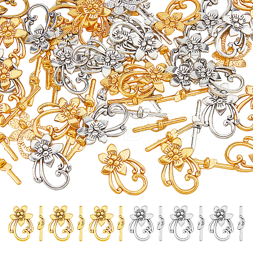 DICOSMETIC 40Pcs 2 Colors Tibetan Style Alloy Flower Toggle Clasps FIND-DC0004-34-1