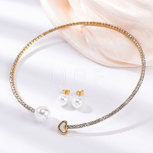 Round Plastic Imitation Pearl Stud Earrings & Rhinestone Cuff Choker Necklaces Sets SJEW-U003-11G-1