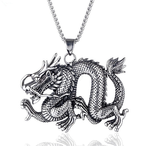 Vintage Chinese Dragon Titanium Steel Pendant Necklaces QK0292-1-1