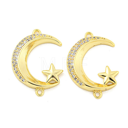 Rack Plating Brass Micro Pave Clear Cubic Zirconia Moon with Star Connector Charms KK-P270-21G-1