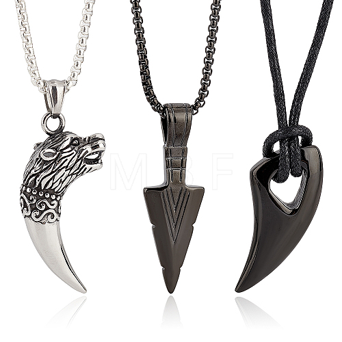 3Pcs 3 Styles Horn & Spearpoint & Wolf 304 Stainless Steel Pendant Necklaces Set with Wax Rope for Men Women NJEW-AN0001-45-1