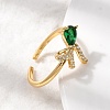 Brass with Green Glass Cuff Rings RJEW-P173-01G-03-2