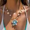 Summer Beach Alloy & Faux Pearl & Natural Cowrie Cluster Flower Pendant Necklaces for Women WG22E51-02-2