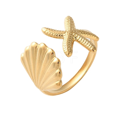 304 Stainless Steel Starfish & Shell Open Cuff Rings for Women LS-RJEW-C095-09G-1