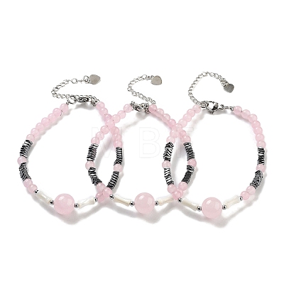 Natural Rose Quartz Round & Synthetic Non-magnetic Hematite & White Shell Beaded Bracelets for Women BJEW-K251-02A-1