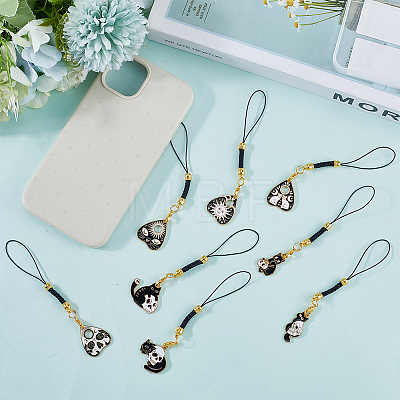 16Pcs 8 Colors Cat Shape Alloy Glass Mobile Straps HJEW-SC00123-1