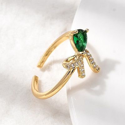 Brass with Green Glass Cuff Rings RJEW-P173-01G-03-1