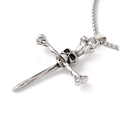 Alloy Cross with Skull Pendant Necklace with 201 Stainless Steel Box Chains LS-NJEW-E016-03AS-1