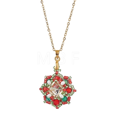Christmas Theme Flower Glass Seed Beads & Rhinestone Pendant Necklaces NJEW-MZ00045-1