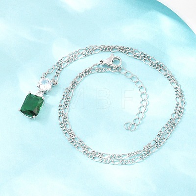 Brass Pave Clear Cubic Zirconia & Green Glass Perfume Bottle Pendant Figaro Chain Necklaces for Women NJEW-F364-02P-1