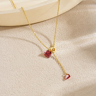 304 Stainless Steel Ruby Rhinestone Heart Lariat Necklaces WGB7D9D-01-1