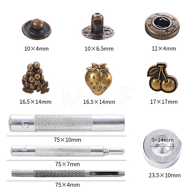 18 Sets Cherry & Grape & Strawberry Brass Leather Snap Buttons Fastener Kits SNAP-YW0001-06AB-1