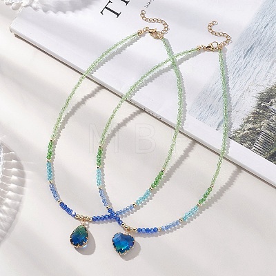 2Pcs 2 Styles Blue K9 Glass Teardrop Heart Pendant Electroplated Glass Faceted Rondelle Beaded Necklaces NJEW-JN05751-1