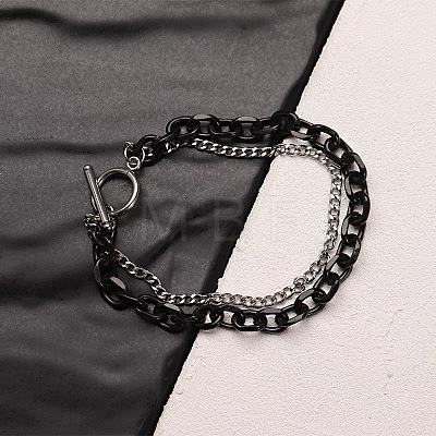 Two Tone 201 Stainless Steel Curb Chain & Cable Chain Double Layers Bracelets for Women Men FS-WGC755C-03-1