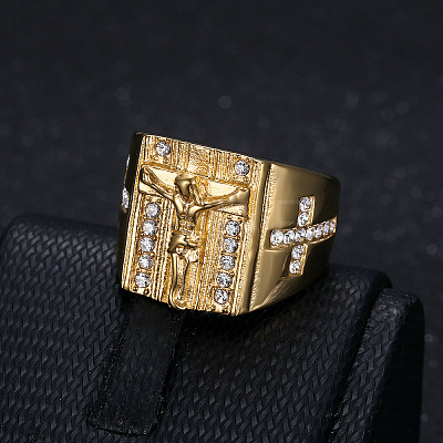 Cross with Jesus Pattern 304 Stainless Steel with Crystal Rhinestone Finger Rings for Men FS-WG78AD7-04-1