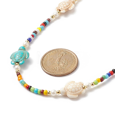 Tortoise Dyed Synthetic Turquoise & Shell Pearl & Glass Seed Beaded Necklace NJEW-TA00054-1