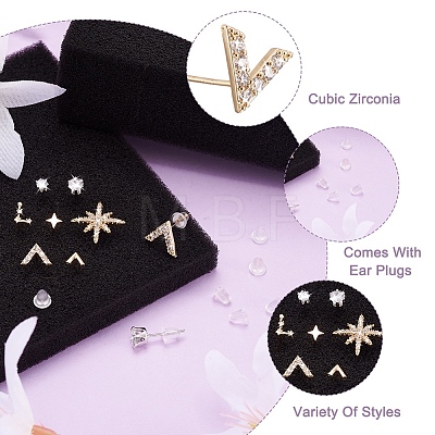Kissitty 9Pair 9 Style Star & V-shape Brass Stud Earrings EJEW-KS0001-01-1