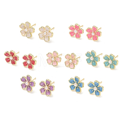 Flower Brass & ABS Plastic Pearl Stud Earrings EJEW-P336-07G-1