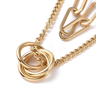 PVD Vacuum Plating 304 Stainless Steel Double Chains Multi Layered Necklace with Rings Charm for Women STAS-E155-18G-1