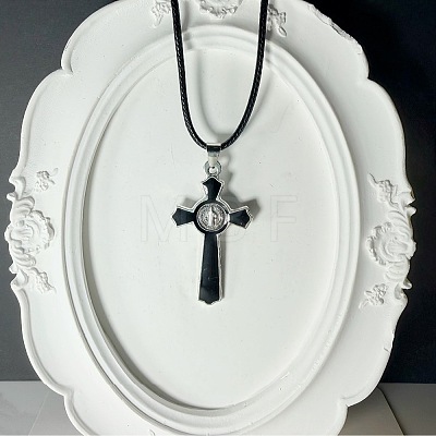Vintage Religion Alloy Enamel Black Saint Benedict Medal Crucifix Cross Pendant Necklaces for Men Women ZV6035-1