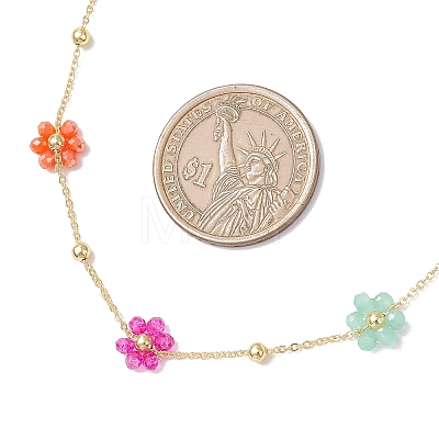 Brass & Glass Colorful Flower Link Chain Necklaces for Women NJEW-JN05454-1