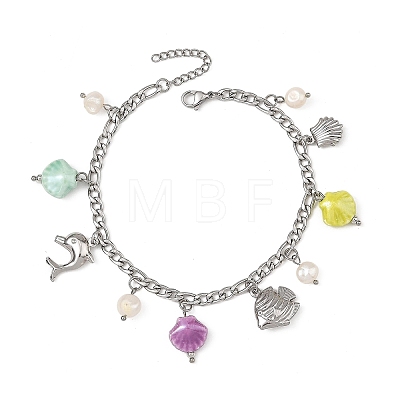 Porcelain Beads & Natural Cultured Freshwater Pearl Anklets SA-AJEW-AN00843-01-1