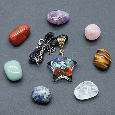 7 Chakra Tumbled Stone & Star Pendant Necklace Mixed Natural Gemstone Healing Stones Set PW-WG21137-01-1