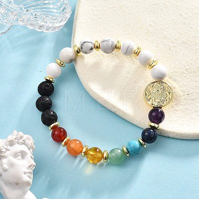 Natural & Synthetic Mixed Gemstone & Brass Virgin Mary Beaded Stretch Bracelet for Women BJEW-JB09323-1