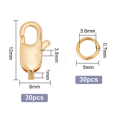 GOMAKERER 30Pcs Brass Lobster Claw Clasps with 30Pcs Open Jump Rings KK-GO0001-15-1