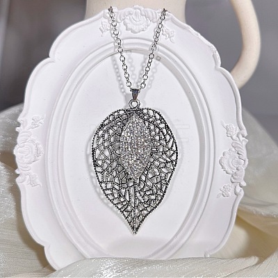 Vintage Alloy Crystal Rhinestone Hollow Leaf Pendant Necklaces for Women LS-ET3744-1