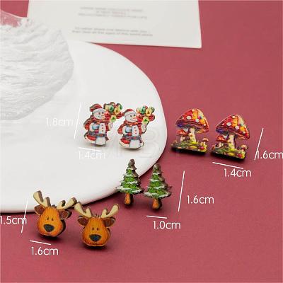 4 Pairs Snowman & Christmas Tree & Deer & Mushroom Printed Wood Stud Earrings EJEW-OY001-07-1