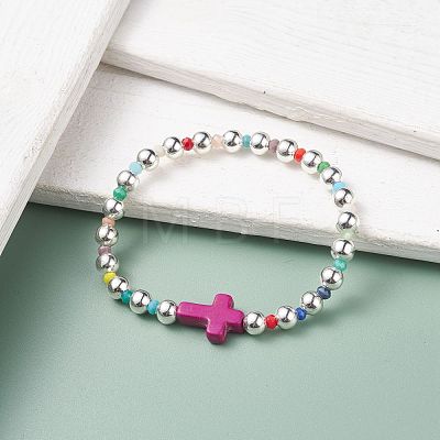 Synthetic Turquoise(Dyed) Cross Stretch Bracelet with Glass for Women BJEW-JB07663-1